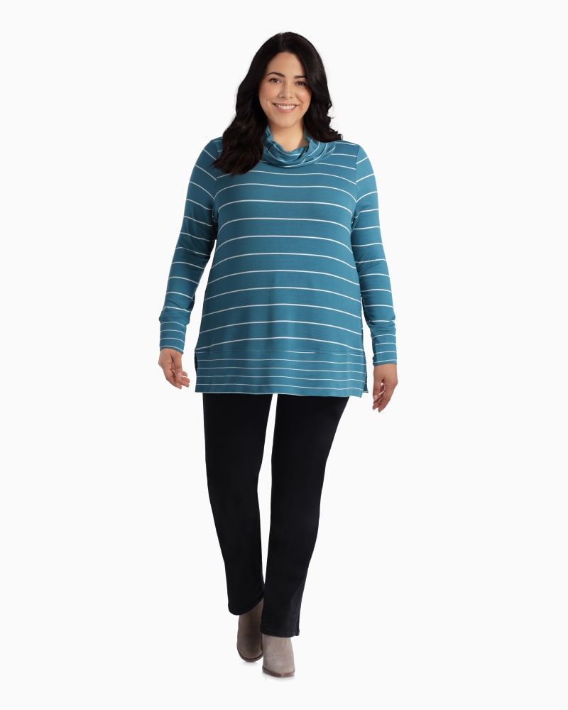 Plus size model with rectangle body shape wearing April Cowl Neck Tee by Molly&Isadora | Dia&Co | dia_product_style_image_id:110519